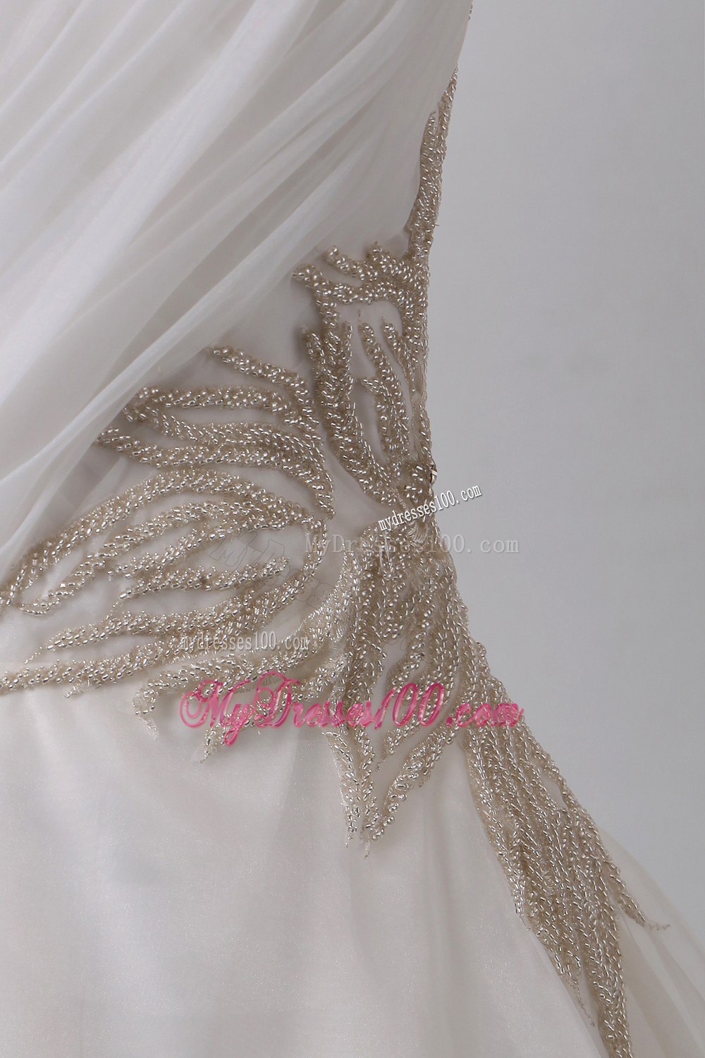 V-neck Chapel Train Beaded Wedding Dresses with Cap Sleeves
