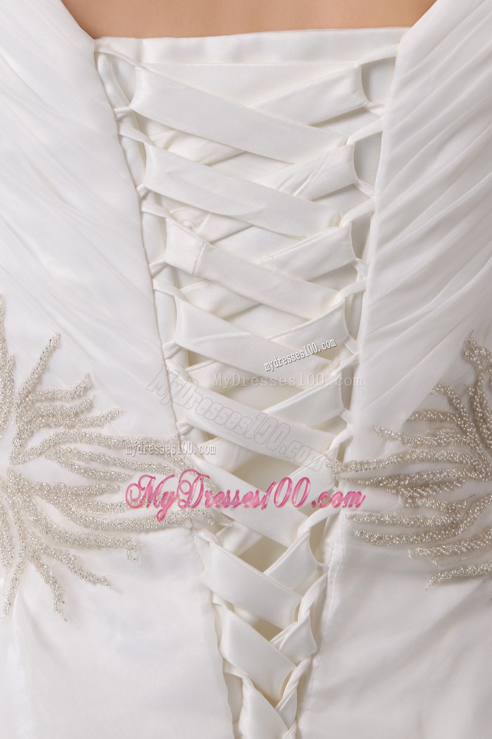 V-neck Chapel Train Beaded Wedding Dresses with Cap Sleeves