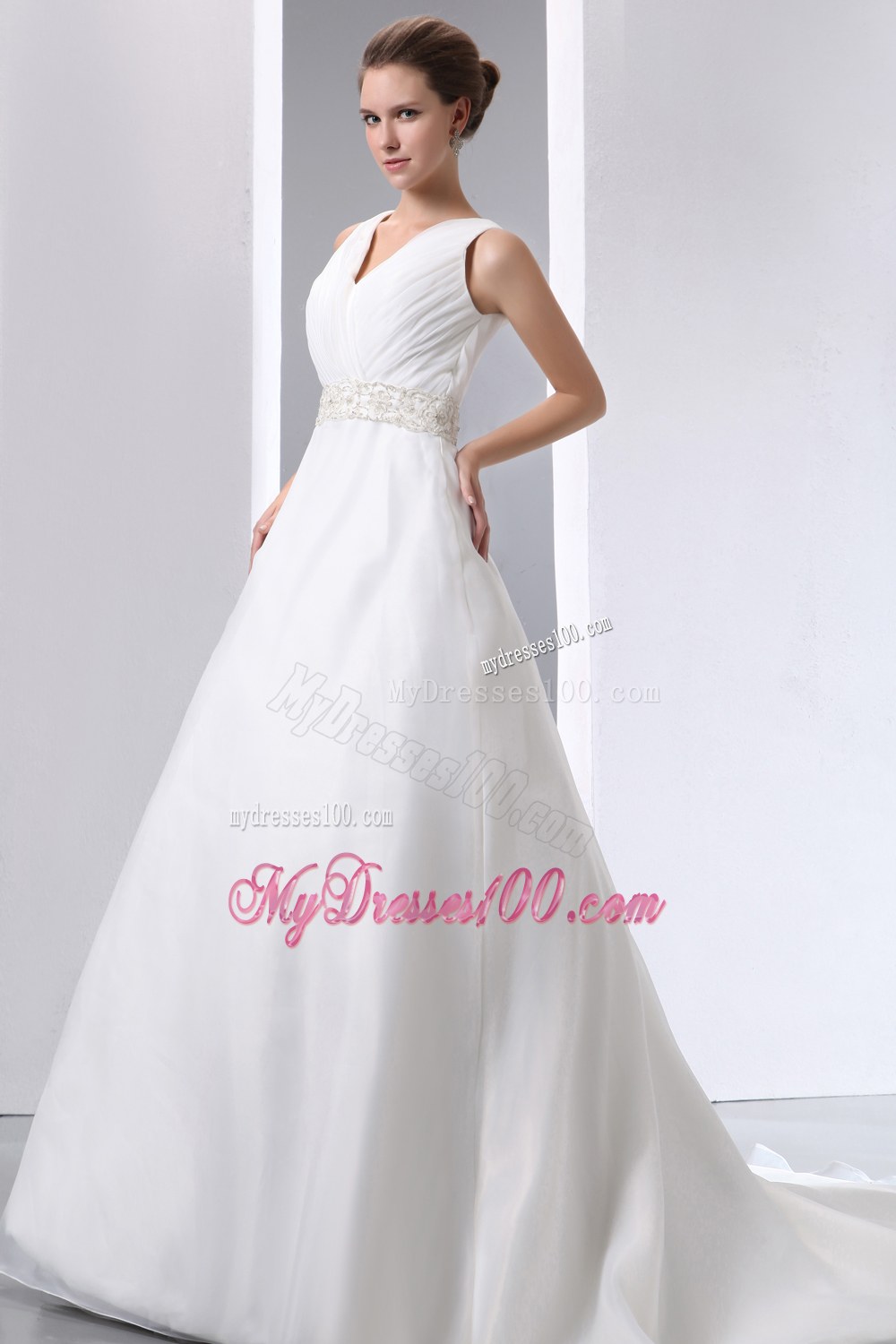 Simple V-neck Court Train Beading and Ruching Wedding Dress