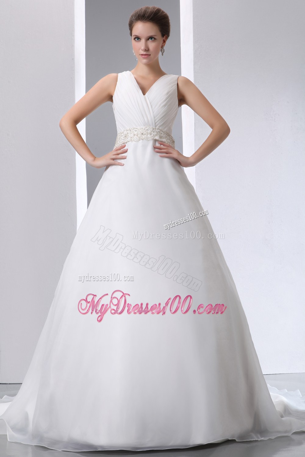 Simple V-neck Court Train Beading and Ruching Wedding Dress