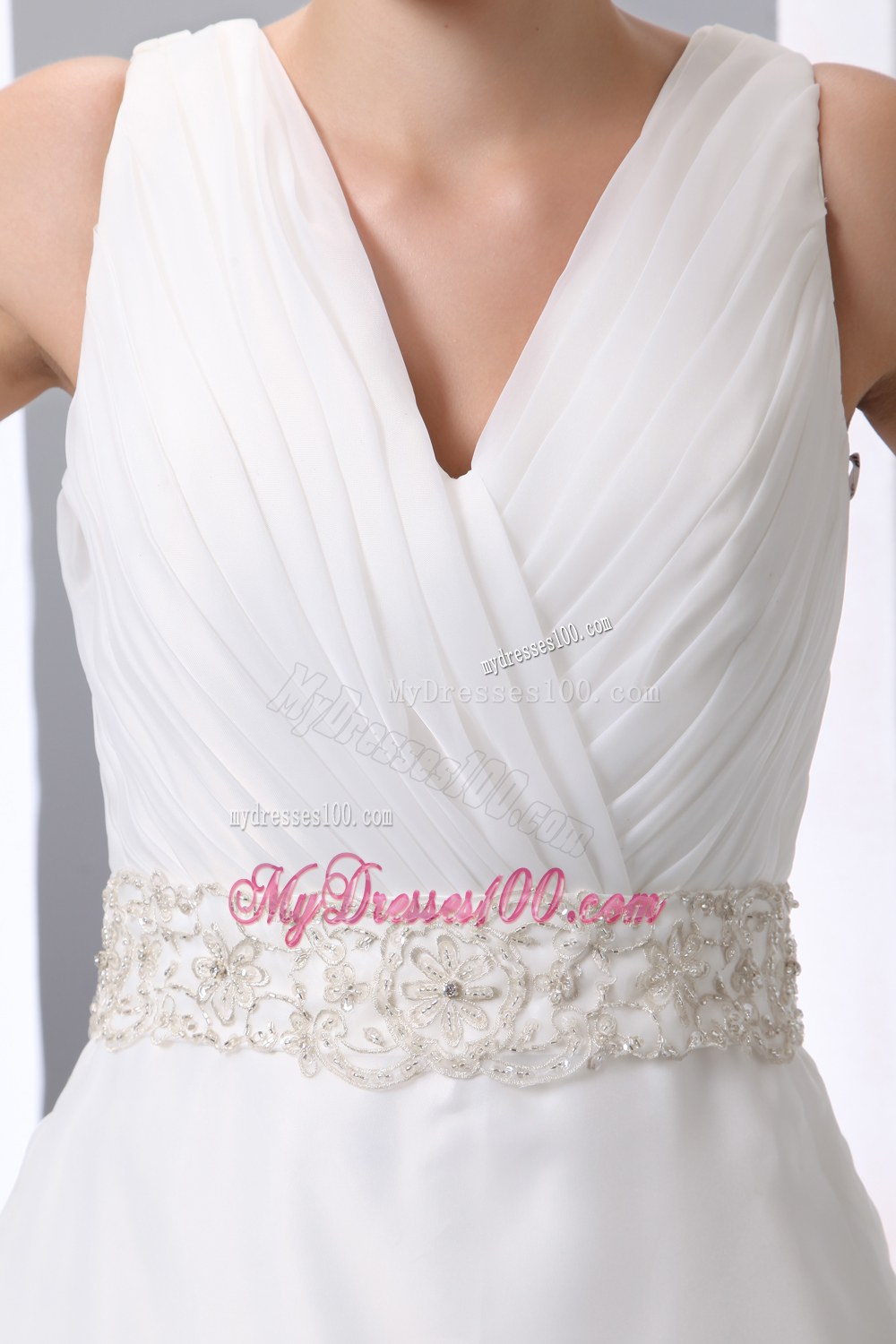 Simple V-neck Court Train Beading and Ruching Wedding Dress