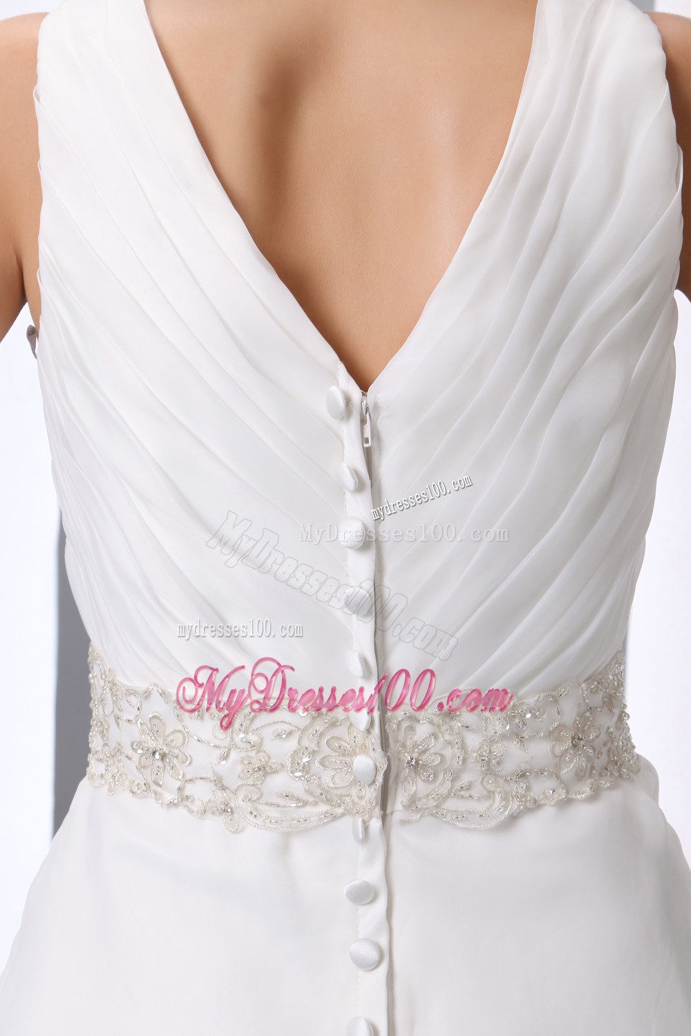 Simple V-neck Court Train Beading and Ruching Wedding Dress