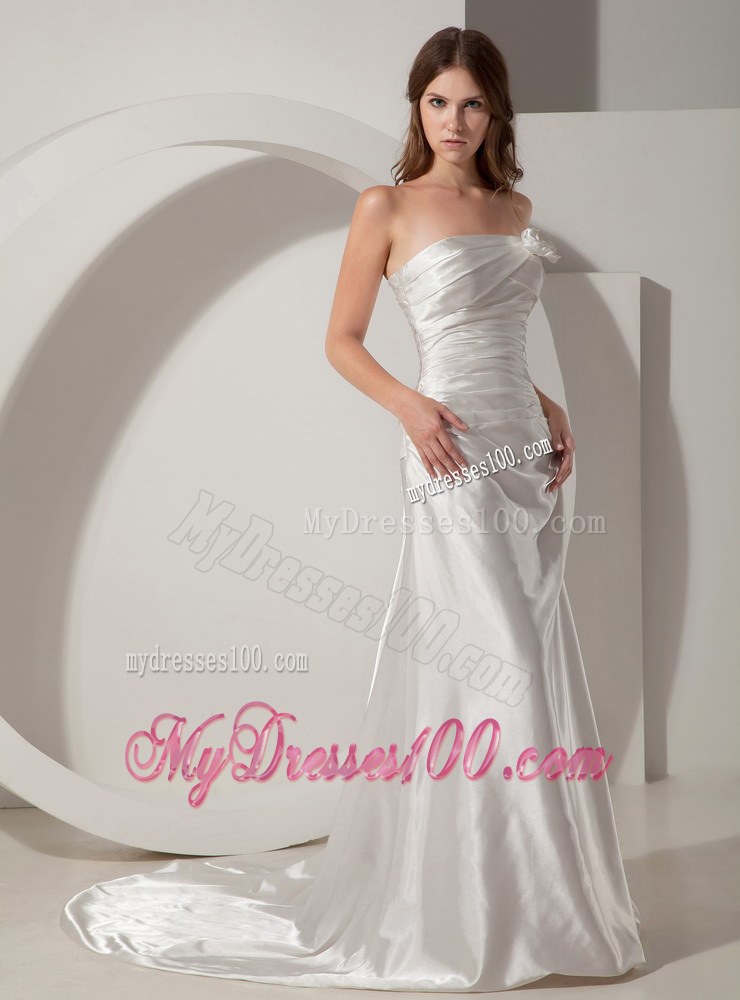 Simple Column Strapless Court Train Ruched Simple Wedding Gowns