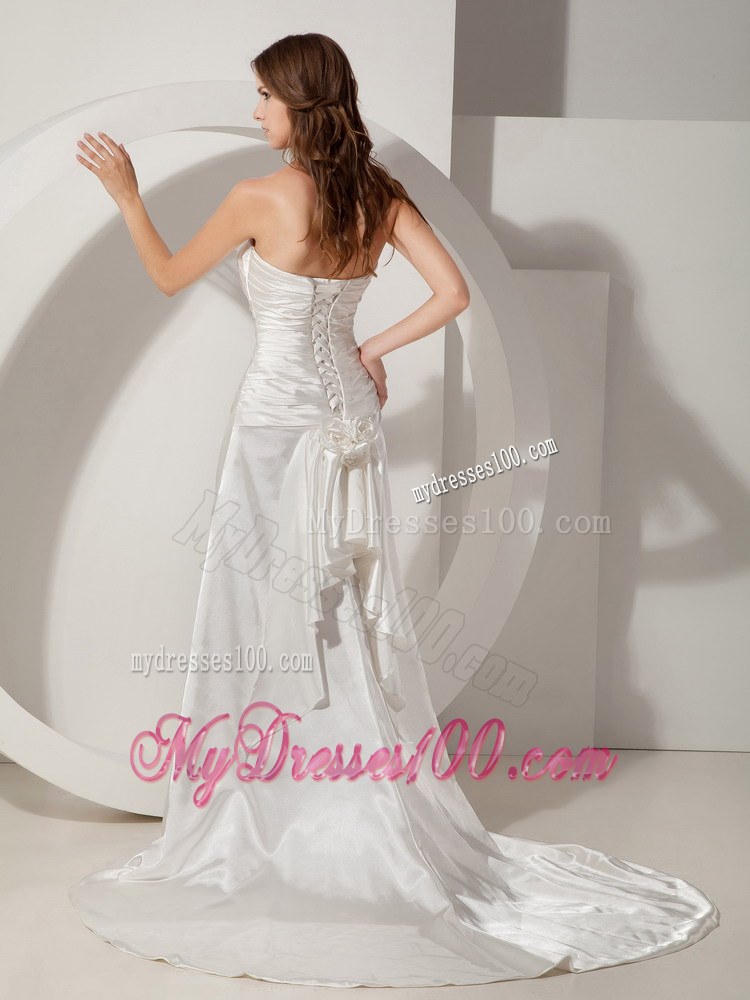 Simple Column Strapless Court Train Ruched Simple Wedding Gowns