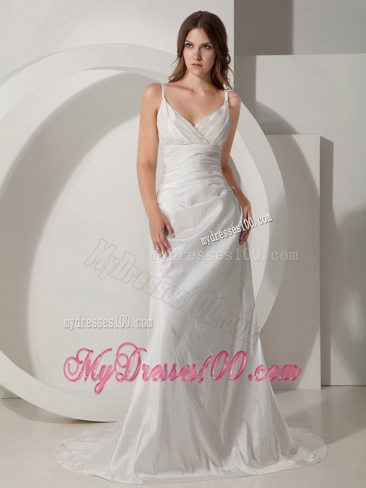 Elegant Sheath Spaghetti Straps Court Train Ruched Wedding Dresses