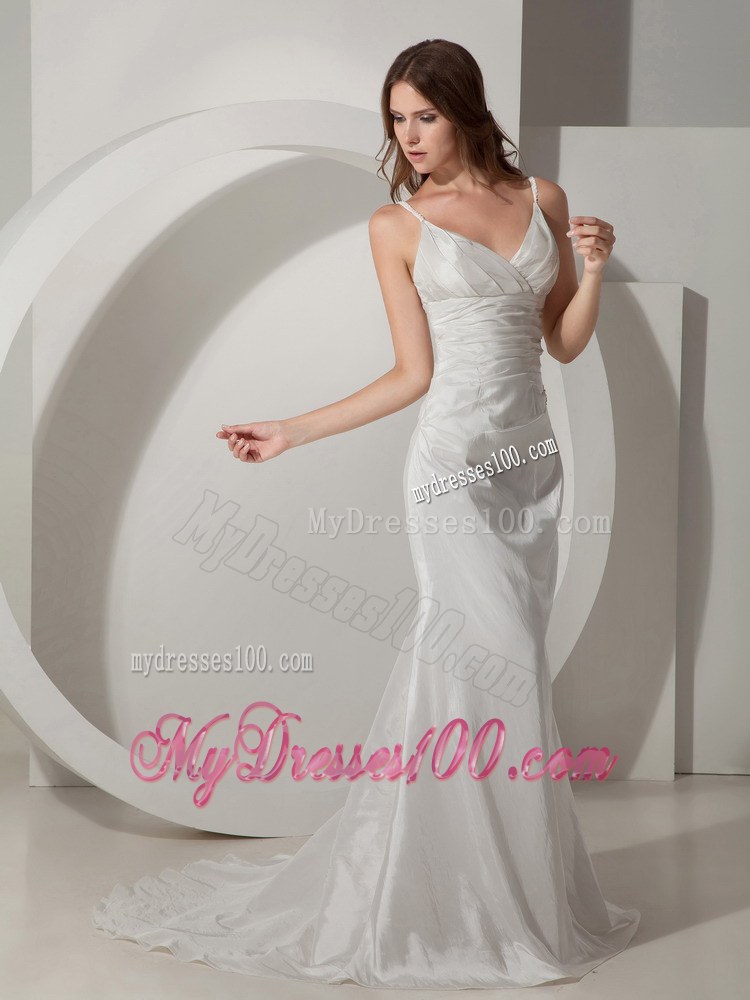 Elegant Sheath Spaghetti Straps Court Train Ruched Wedding Dresses