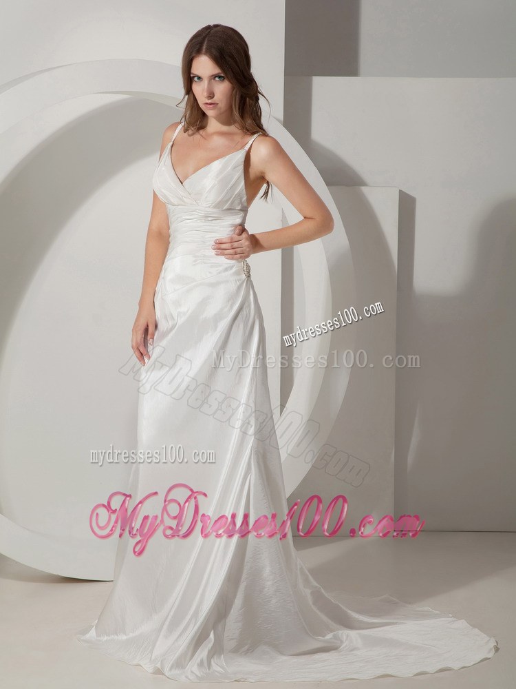 Elegant Sheath Spaghetti Straps Court Train Ruched Wedding Dresses