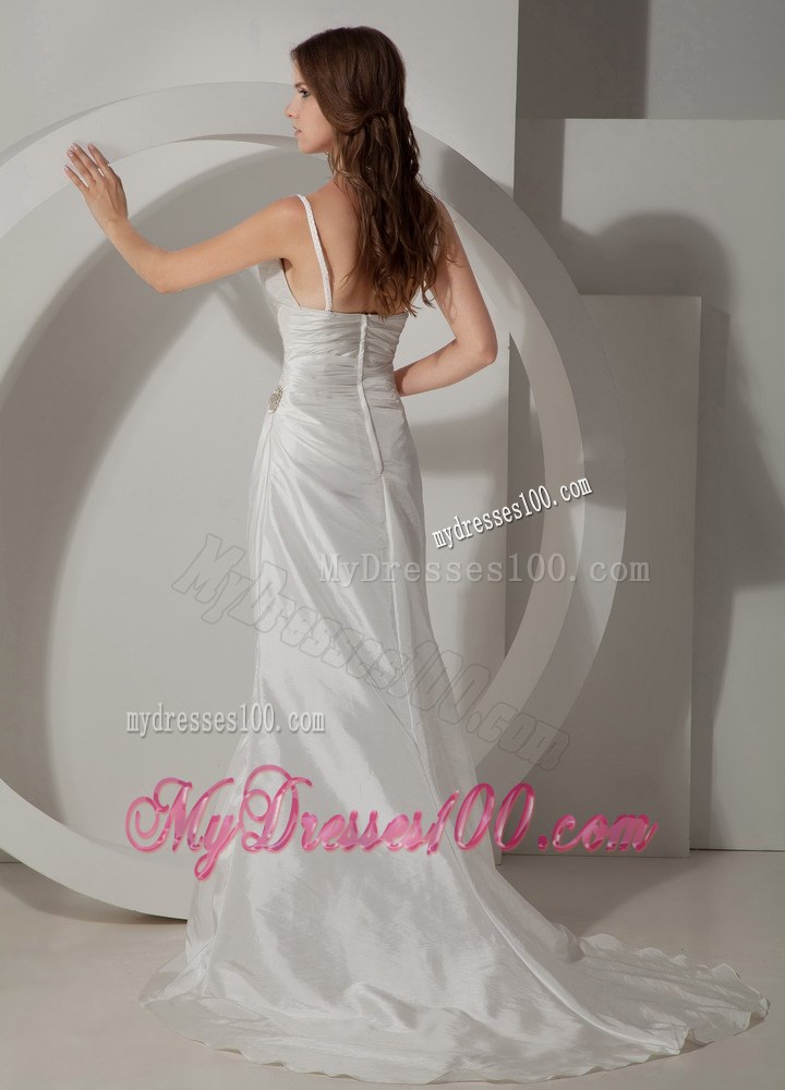 Elegant Sheath Spaghetti Straps Court Train Ruched Wedding Dresses