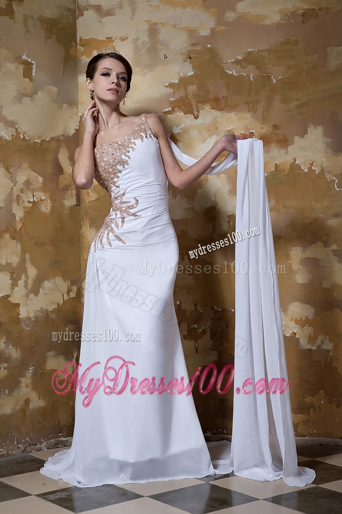 Simple Column One Shoulder Brush Train Beaded Wedding Dresses
