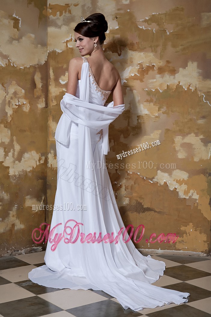 Simple Column One Shoulder Brush Train Beaded Wedding Dresses