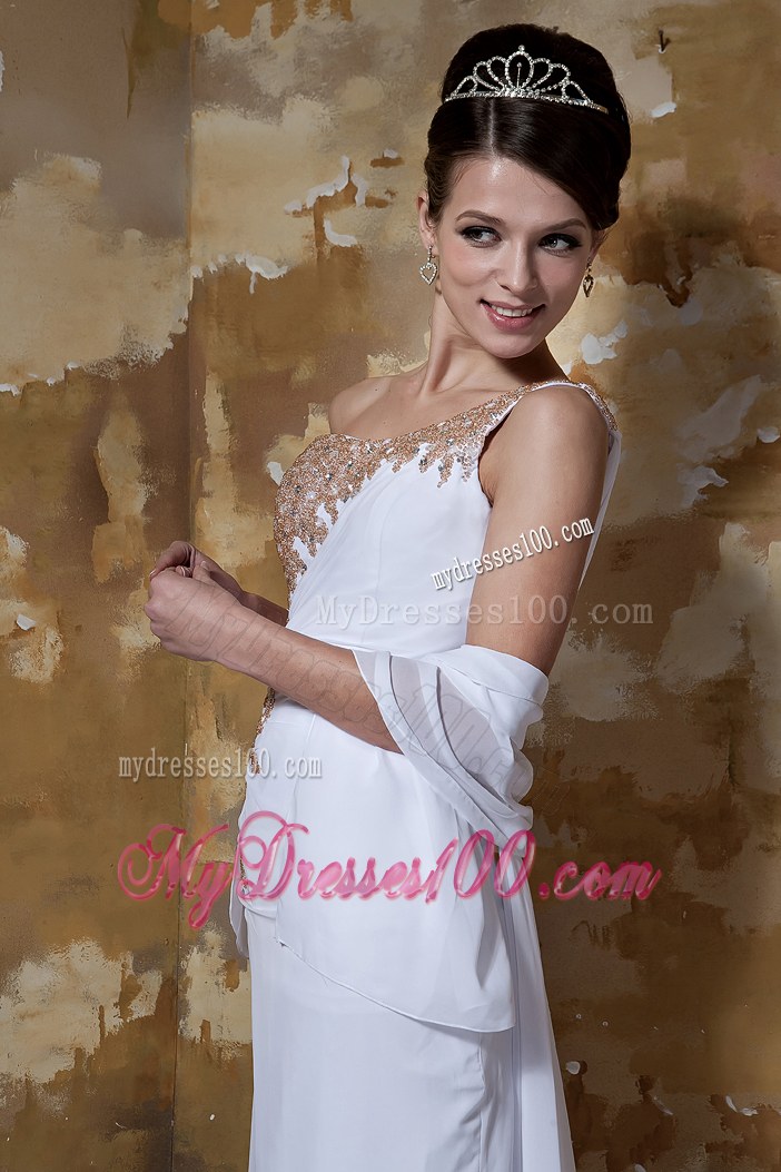 Simple Column One Shoulder Brush Train Beaded Wedding Dresses