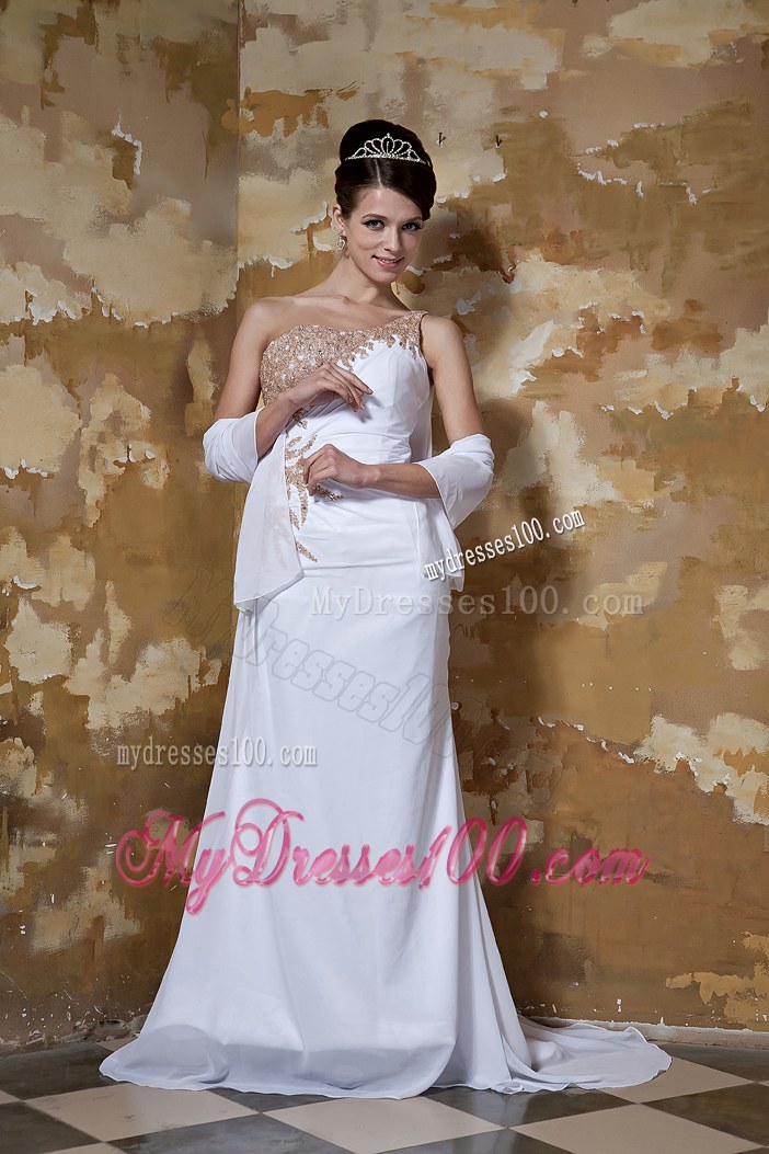 Simple Column One Shoulder Brush Train Beaded Wedding Dresses