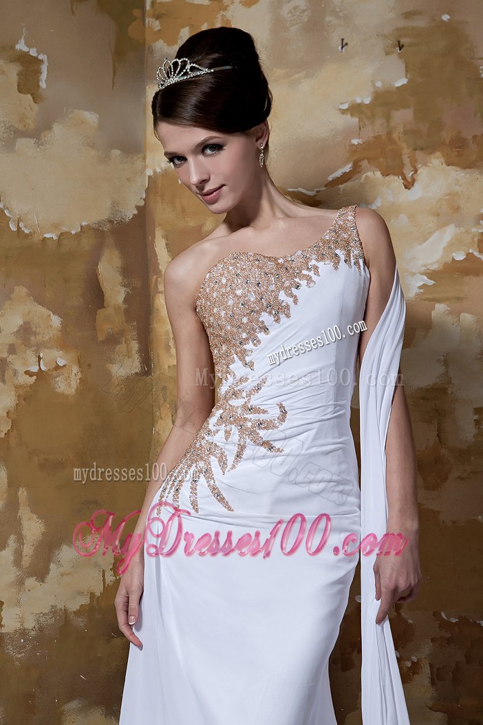 Simple Column One Shoulder Brush Train Beaded Wedding Dresses
