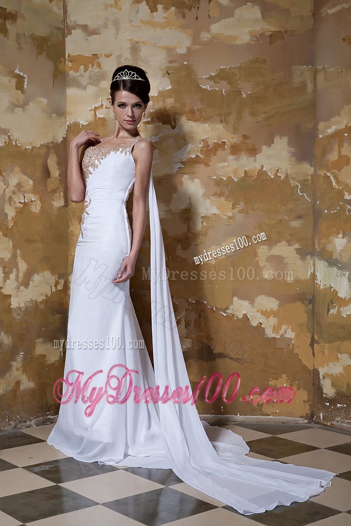 Simple Column One Shoulder Brush Train Beaded Wedding Dresses