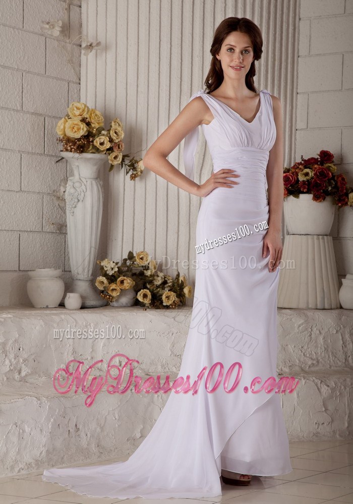 Simple Column V-neck Brush Train Ruched Beach Wedding Dress on Sale