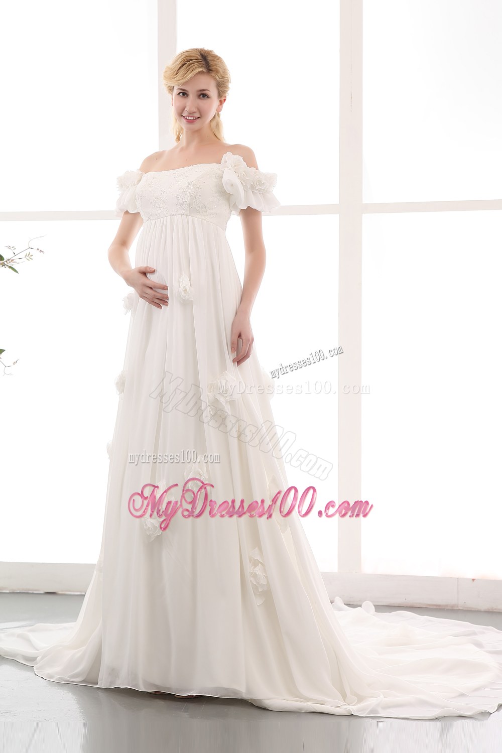 Simple Empire Off The Shoulder Chapel Train Flowers Wedding Dress