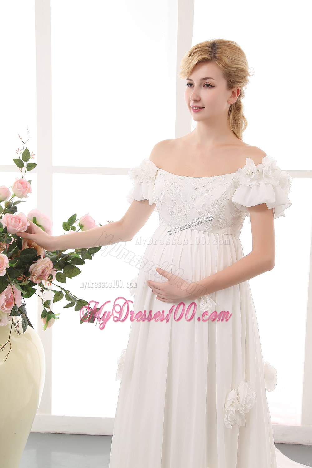 Simple Empire Off The Shoulder Chapel Train Flowers Wedding Dress