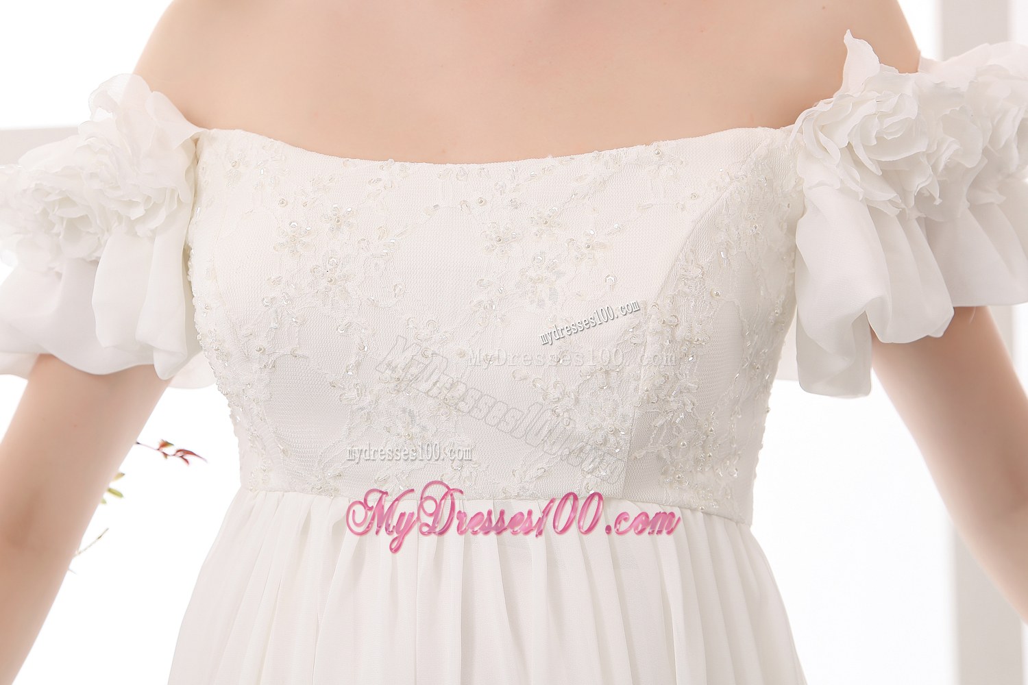 Simple Empire Off The Shoulder Chapel Train Flowers Wedding Dress