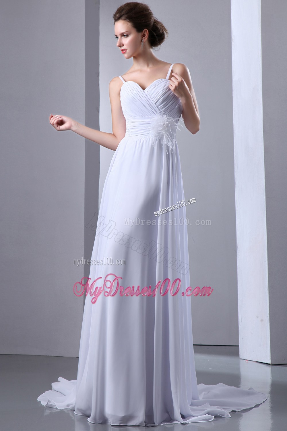 Empire Spaghetti Straps Court Train Wedding Gown with Ruches