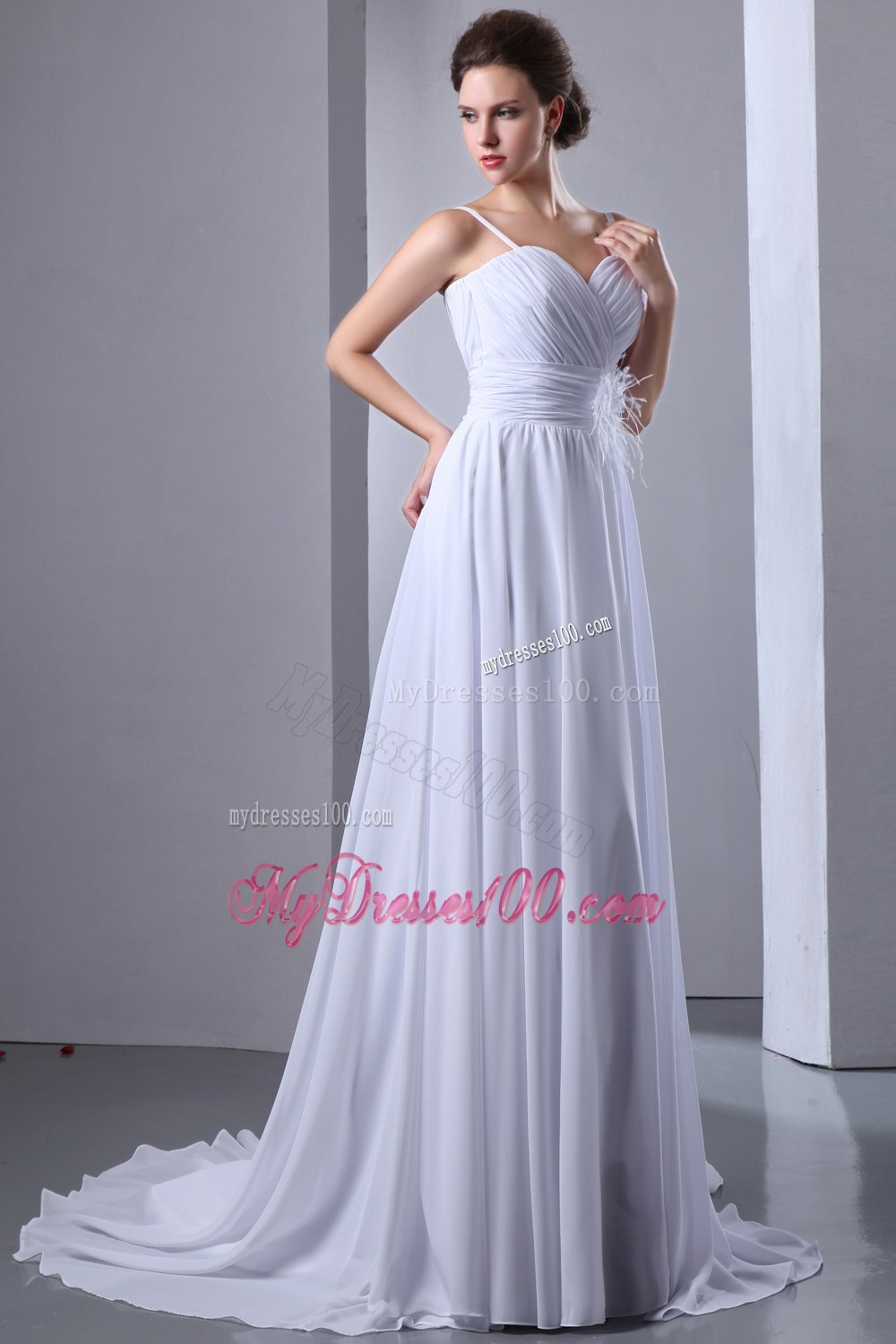 Empire Spaghetti Straps Court Train Wedding Gown with Ruches
