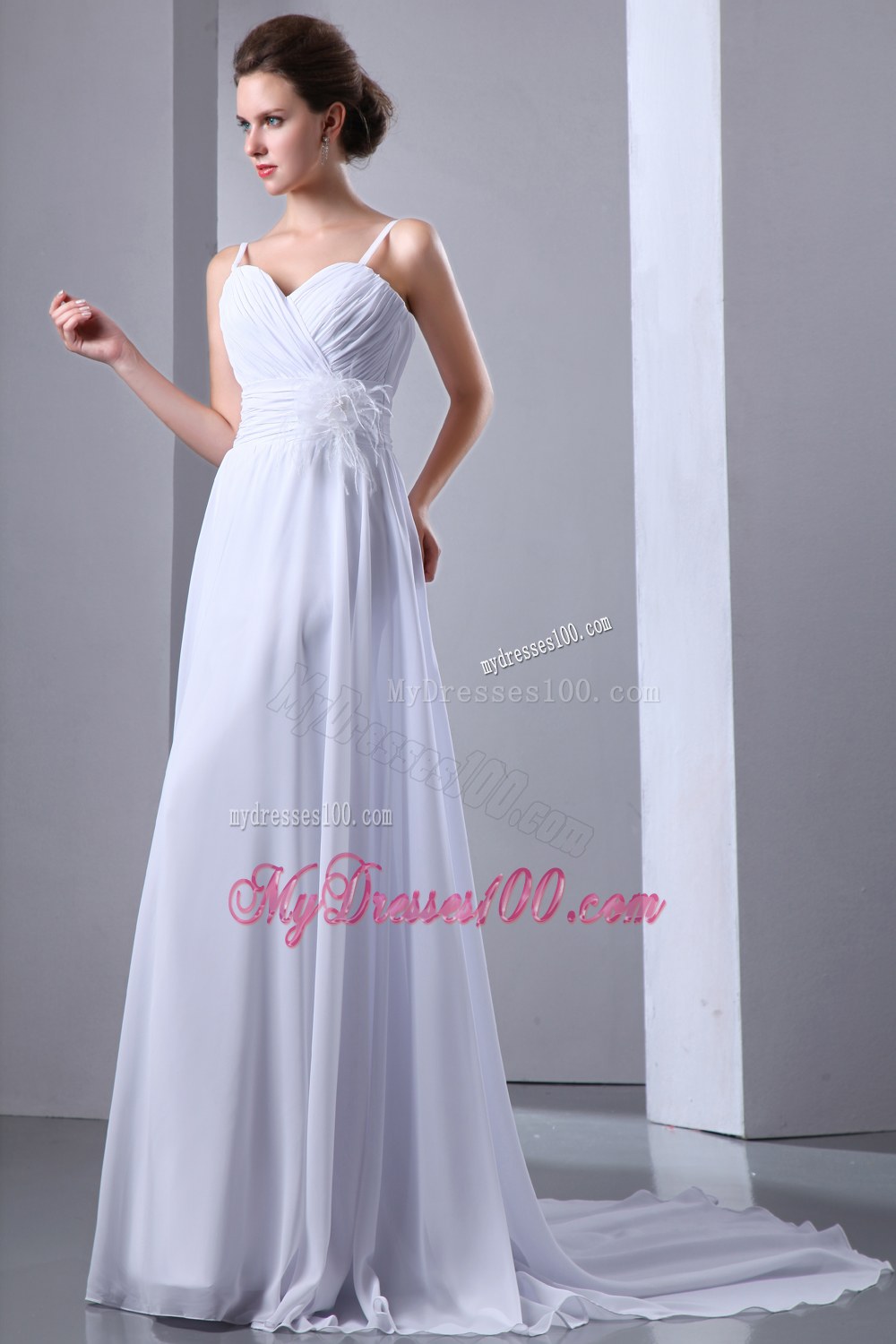 Empire Spaghetti Straps Court Train Wedding Gown with Ruches