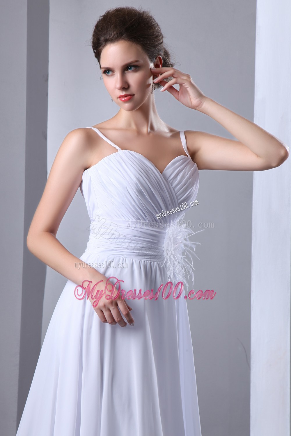 Empire Spaghetti Straps Court Train Wedding Gown with Ruches