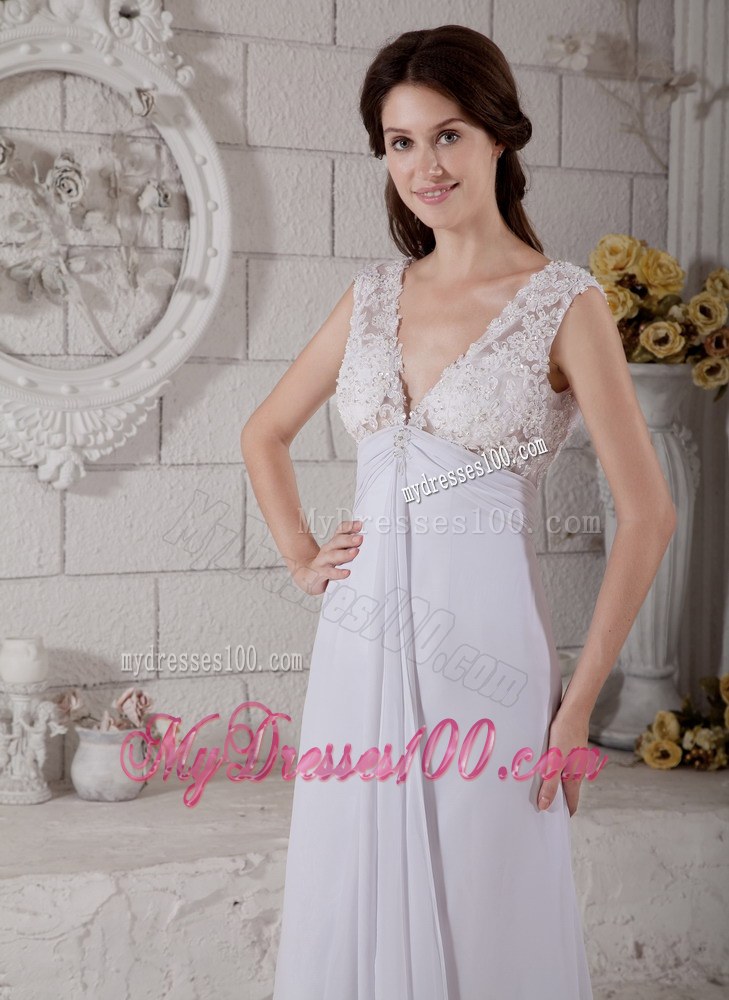 Simple Empire V-neck Brush Train Lace Beach Wedding Dress On Sale