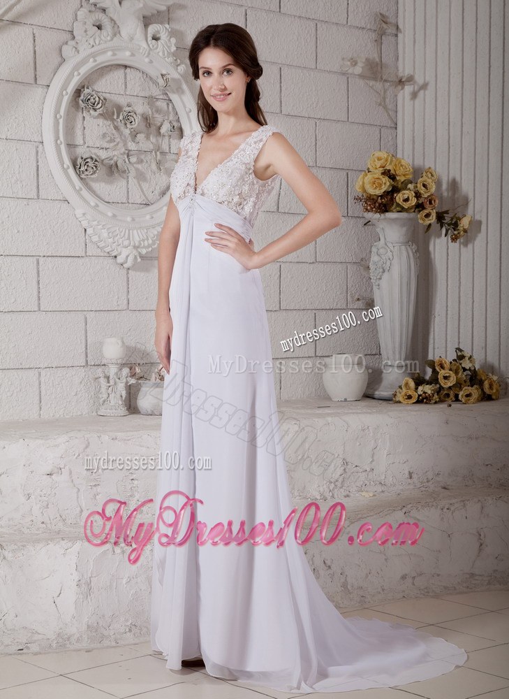 Simple Empire V-neck Brush Train Lace Beach Wedding Dress On Sale