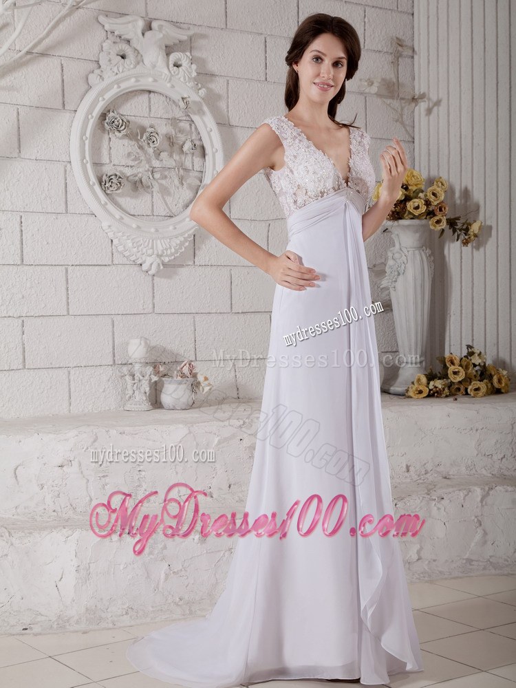 Simple Empire V-neck Brush Train Lace Beach Wedding Dress On Sale