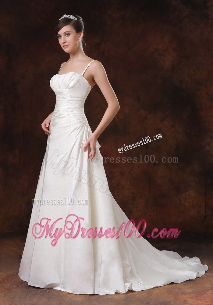 Elegant Spaghetti Straps Ruched Wedding Gowns with Brush Train