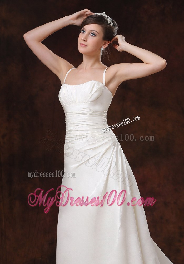 Elegant Spaghetti Straps Ruched Wedding Gowns with Brush Train