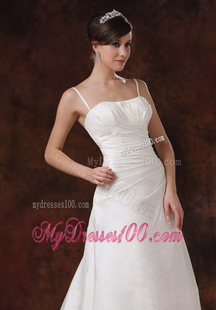 Elegant Spaghetti Straps Ruched Wedding Gowns with Brush Train