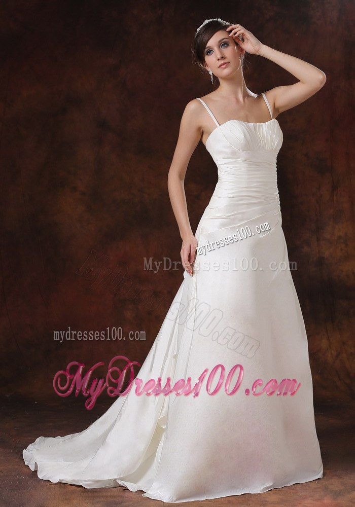Elegant Spaghetti Straps Ruched Wedding Gowns with Brush Train