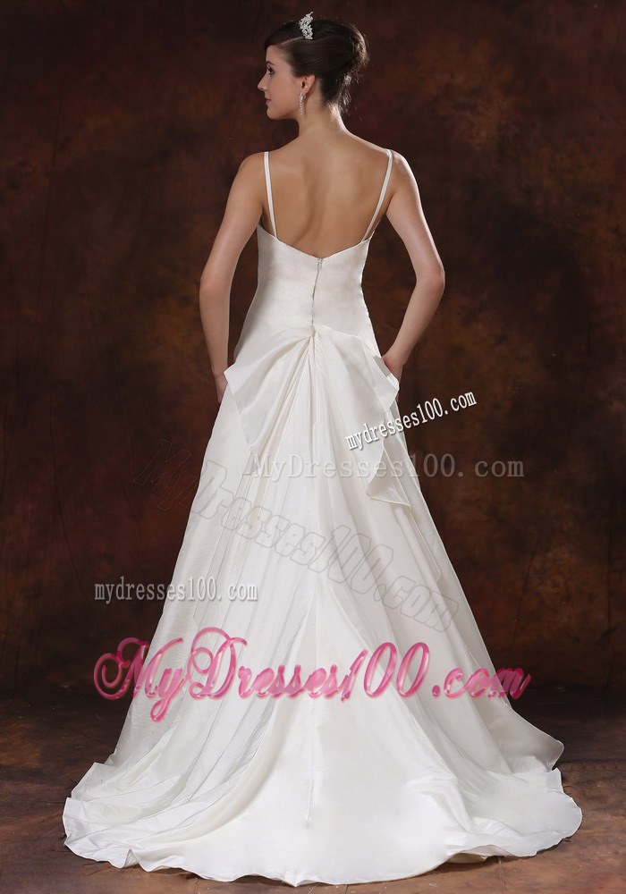 Elegant Spaghetti Straps Ruched Wedding Gowns with Brush Train