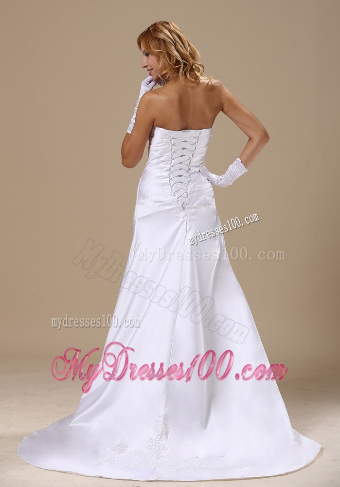 Cheap Strapless Appliques and Ruches Wedding Dress For Custom Made