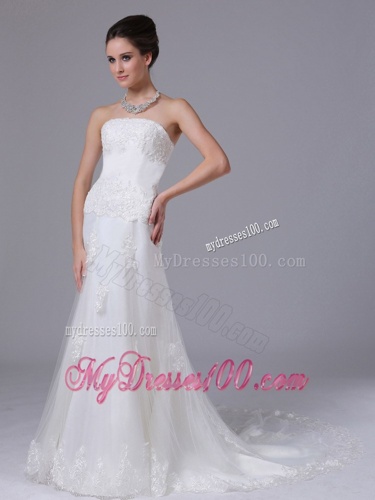 Strapless Lace Column Court Train 2012 Romantic Wedding Dresses