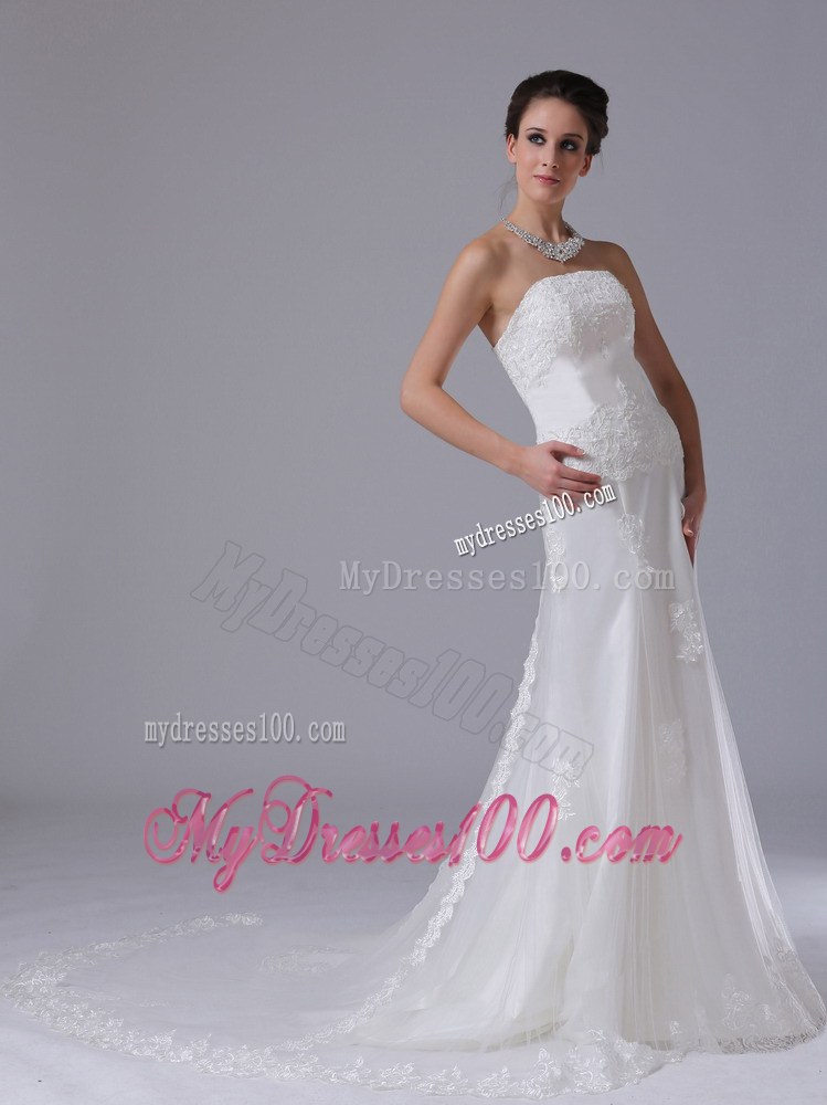 Strapless Lace Column Court Train 2012 Romantic Wedding Dresses