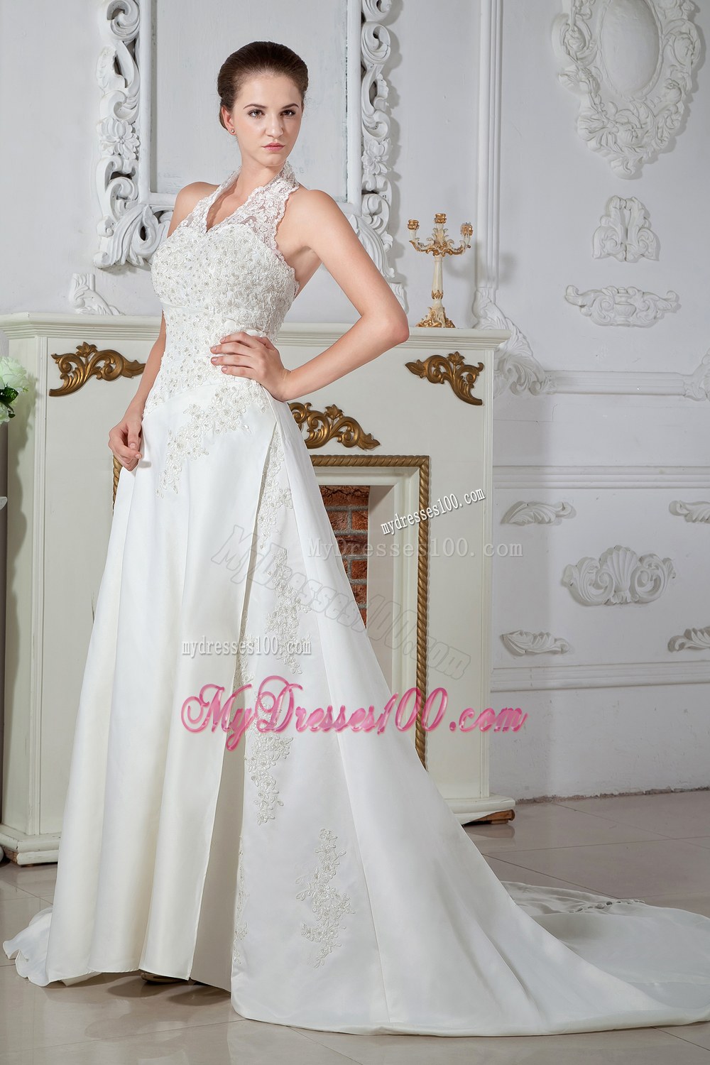 Sweet Halter Court Train Appliques Wedding Dresses for Cheap