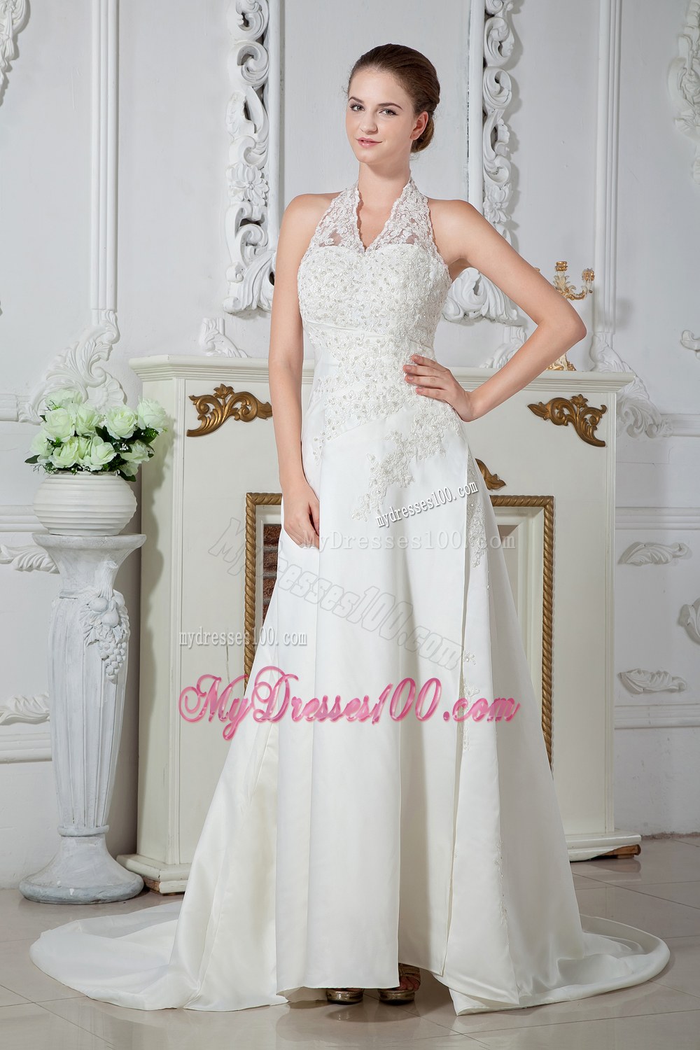 Sweet Halter Court Train Appliques Wedding Dresses for Cheap