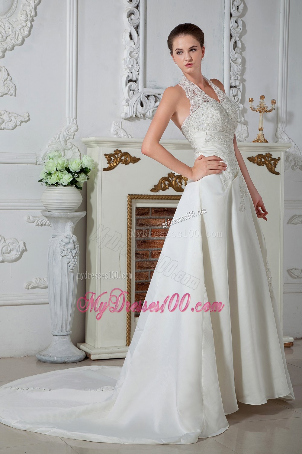 Sweet Halter Court Train Appliques Wedding Dresses for Cheap