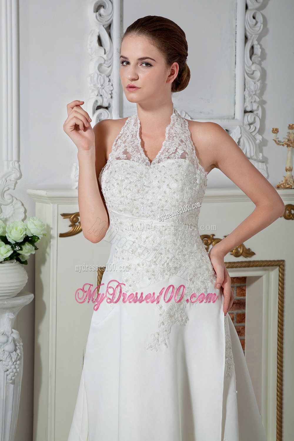 Sweet Halter Court Train Appliques Wedding Dresses for Cheap