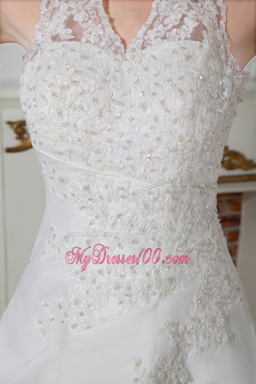 Sweet Halter Court Train Appliques Wedding Dresses for Cheap