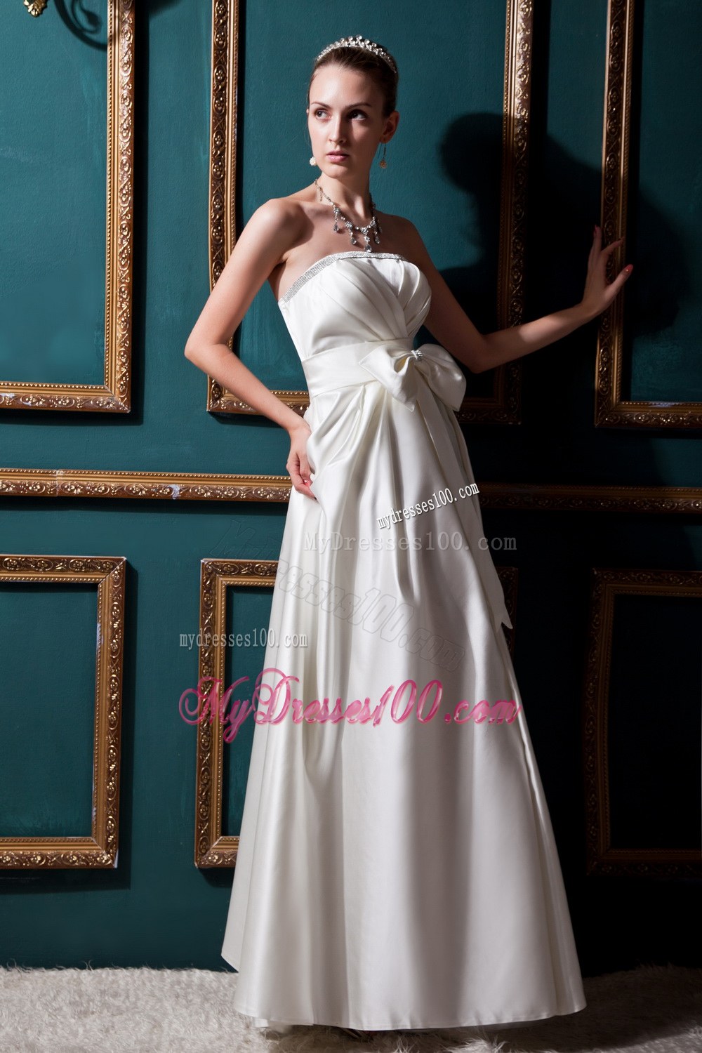 Sweet Column Strapless Wedding Dress with Beading and Bow
