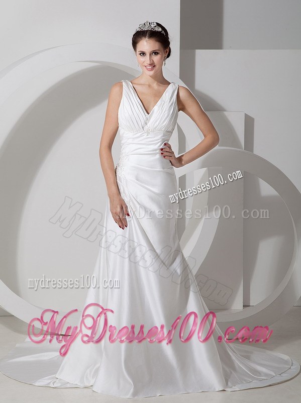 Sweet Column V-neck Court Train Ruches and Appliques Wedding Gowns