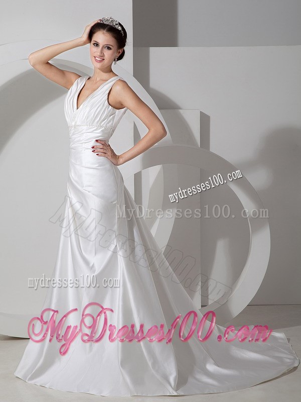 Sweet Column V-neck Court Train Ruches and Appliques Wedding Gowns
