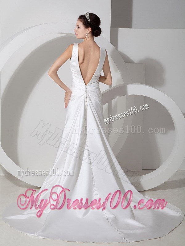 Sweet Column V-neck Court Train Ruches and Appliques Wedding Gowns