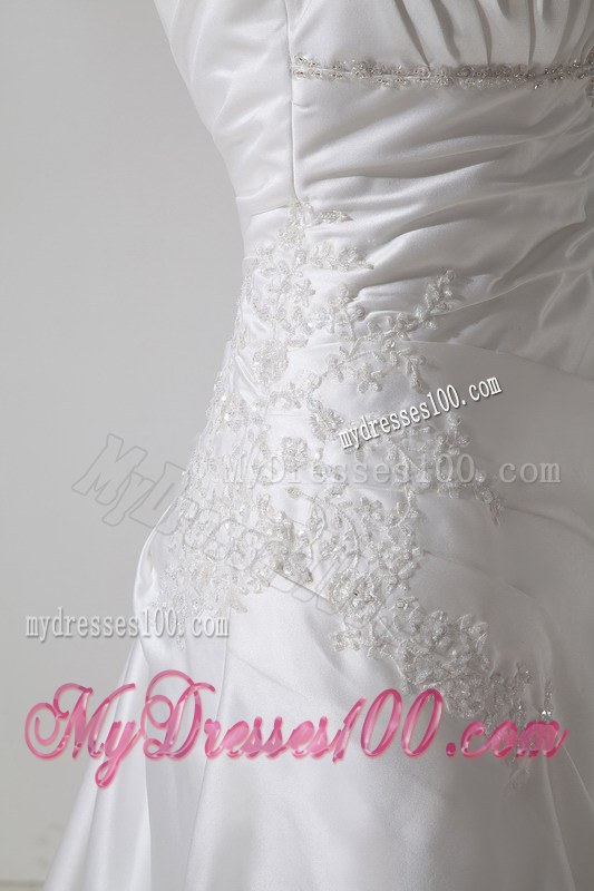 Sweet Column V-neck Court Train Ruches and Appliques Wedding Gowns