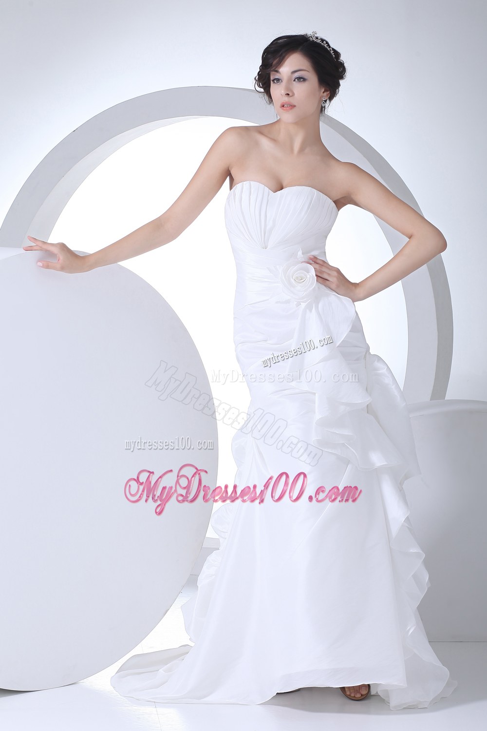 Sweetheart Mermaid Hand Made Flowers Brush Train Wedding Dress