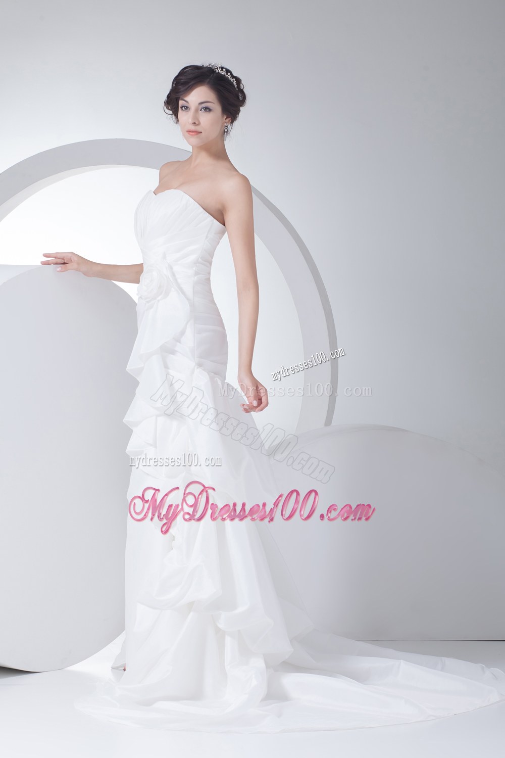 Sweetheart Mermaid Hand Made Flowers Brush Train Wedding Dress