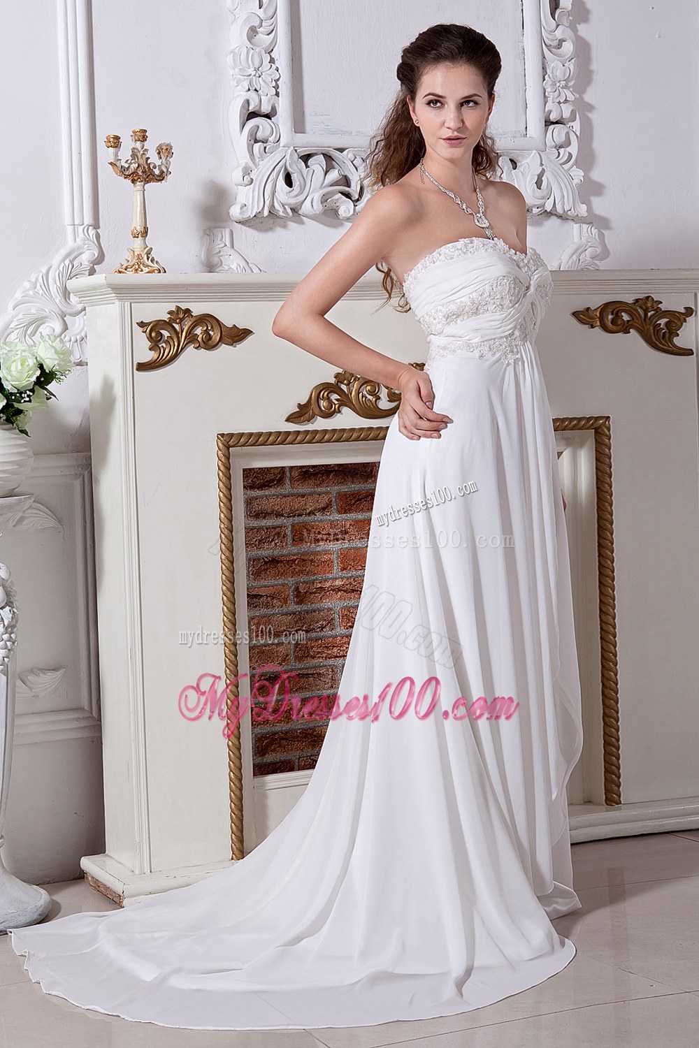 The Brand New Empire Court Train Wedding Dresses with Embroidery